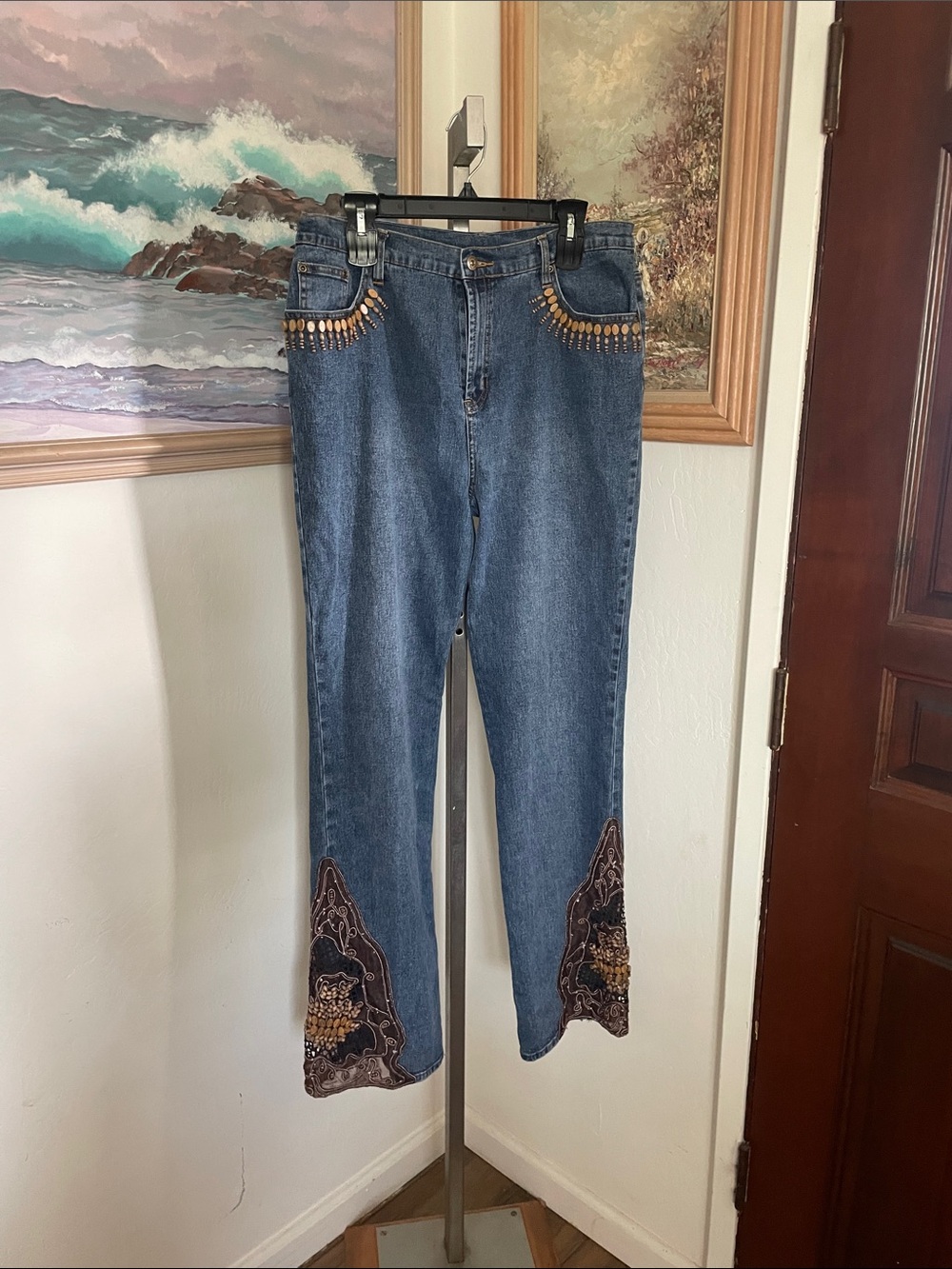 Vintage Blue Denim Jeans with Gold Studs & Brown Embroidery